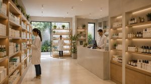 Modern apothecary interior with staff validating products on shelves and a reception desk nearby.