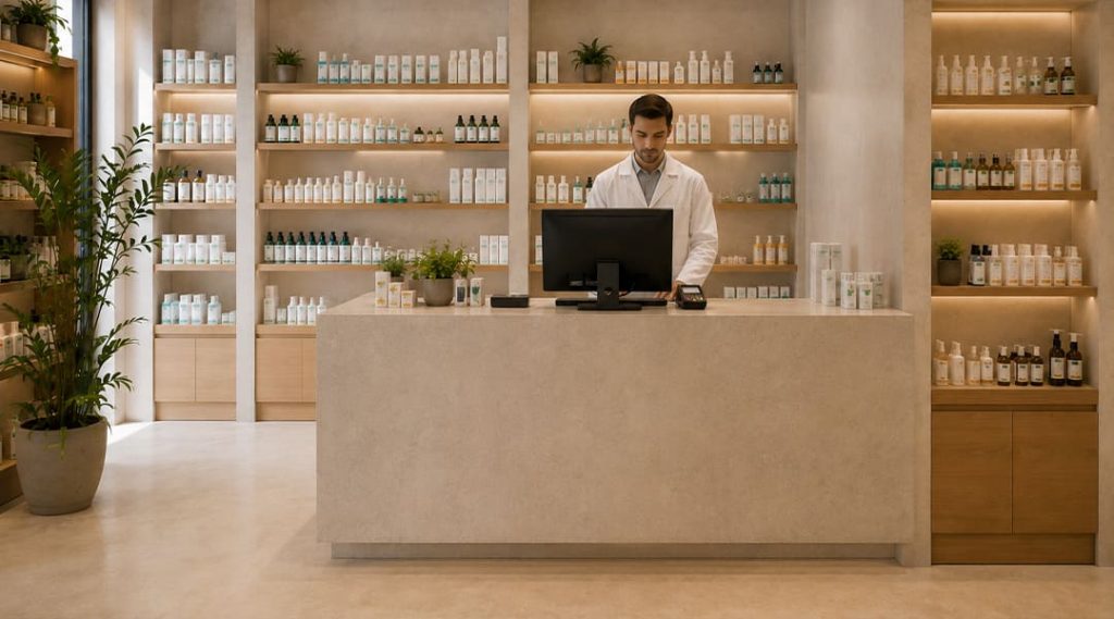 Pharmacist in a white coat works at a computer behind a light counter, shelves of bottles line the wall.