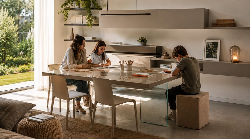Two women and a boy sit at a glass dining table doing homework in a bright, modern kitchen/dining space.