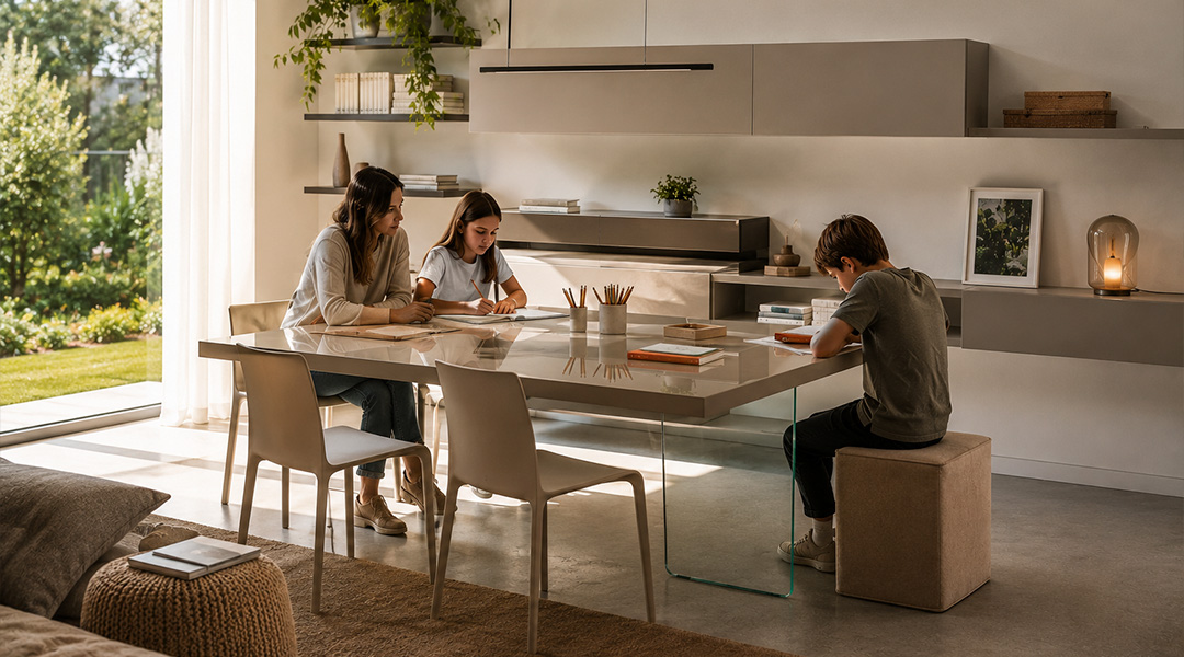 Two women and a boy sit at a glass dining table doing homework in a bright, modern kitchen/dining space.